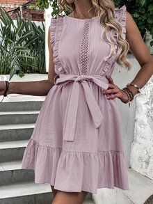 Guipure Lace Detail Ruffle Trim Belted Dress - Baby Pink - View 4