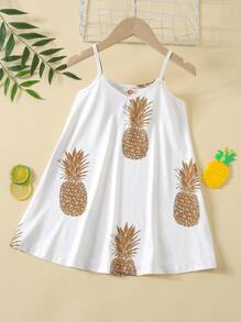SHEIN Girls' Loose Pineapple & Tropical Fruit Print Spaghetti Strap Casual Dress, Suitable For Vacation & Outdoor, Summer