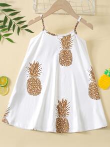 SHEIN Girls' Loose Pineapple & Tropical Fruit Print Spaghetti Strap Casual Dress, Suitable For Vacation & Outdoor, Summer