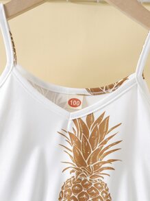 SHEIN Girls' Loose Pineapple & Tropical Fruit Print Spaghetti Strap Casual Dress, Suitable For Vacation & Outdoor, Summer