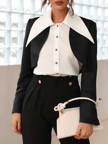 Modelyn Statement Collar Blouse & Open Front Crop Jacket - Black and White - View 6