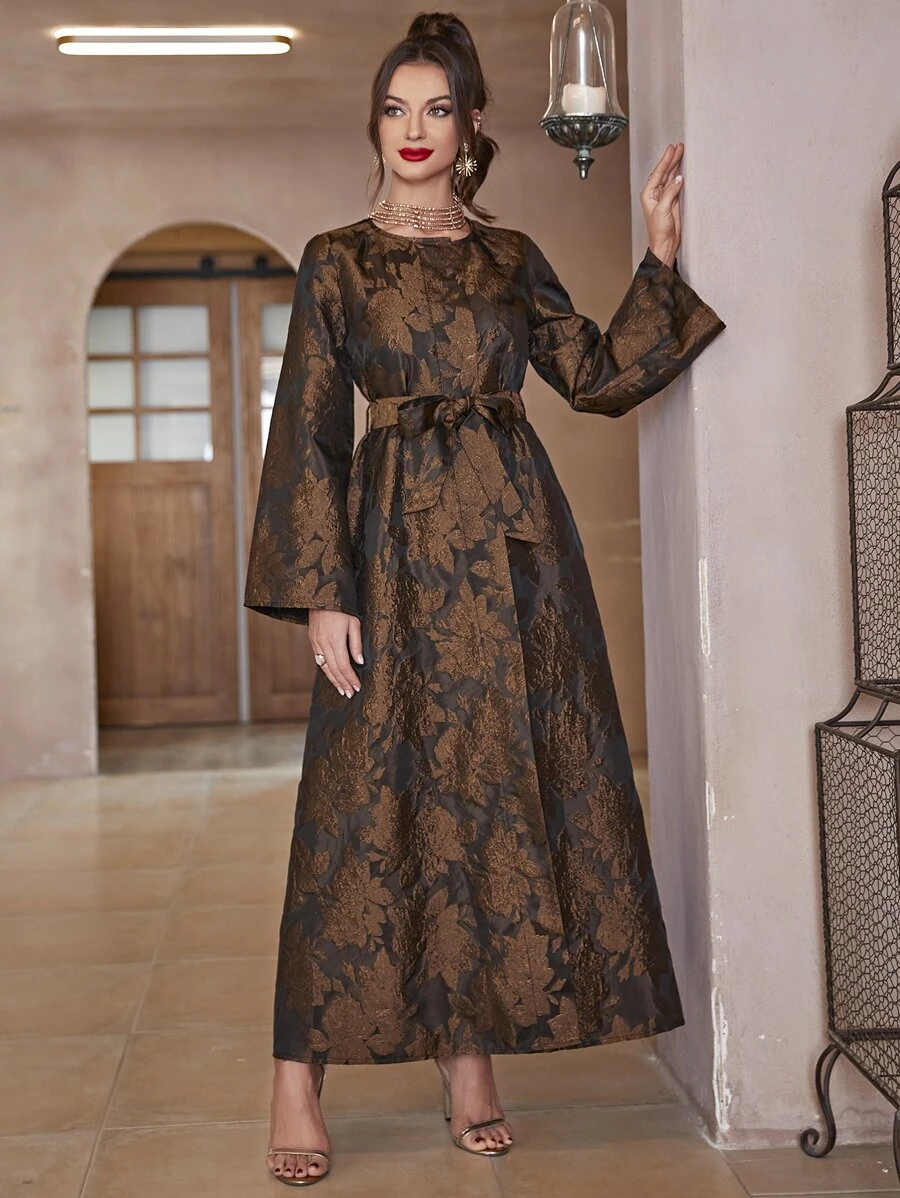 Al Najma Floral Pattern Belted Abaya - Multicolor - View 1
