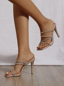 女士水鑽裝飾細帶細高跟涼鞋,時尚派對香檳色穆勒涼鞋 - 香檳色 - 查看 4