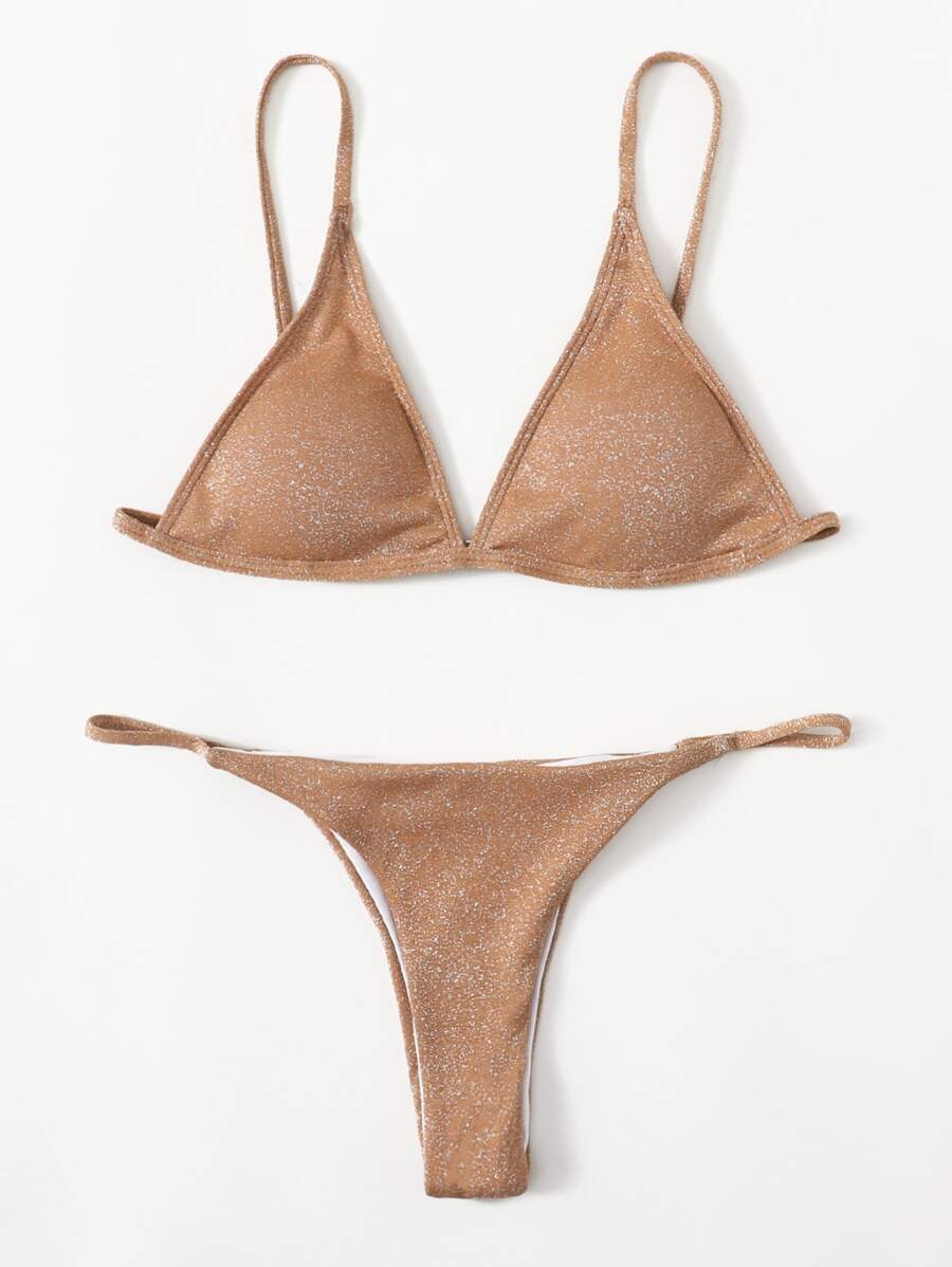 Bikini triangular brillante con brillo - Camel - Ver 1