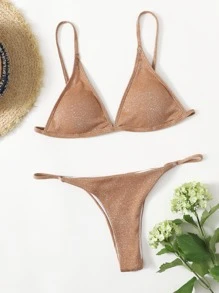 Bikini triangular brillante con brillo - Camel - Ver 3