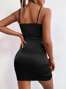 SHEIN PETITE Women's Summer Casual Solid Color Ruched Fitted Wrap Mini Slip Dress - Black - View 2