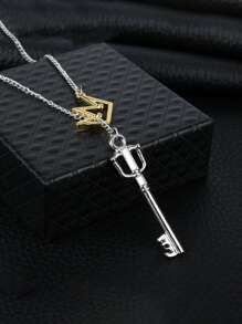 Men Crown & Key Charm Necklace - Silver - View 1