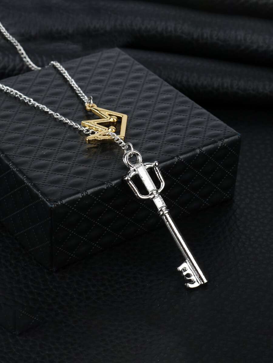 Men Crown & Key Charm Necklace - Silver - View 1