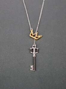 Men Crown & Key Charm Necklace - Silver - View 2