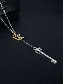 Men Crown & Key Charm Necklace - Silver - View 4