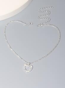 Rhinestone Heart Charm Choker - Silver - View 1