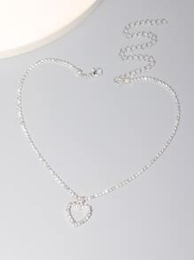 Rhinestone Heart Charm Choker - Silver - View 3