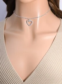 Rhinestone Heart Charm Choker - Silver - View 6