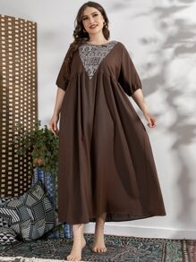 Vestido smock con estampado geométrico - Marrón Chocolate - Ver 1