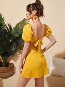 Soleia Square Neck Tie Backless Puff Sleeve Dress - Yellow - View 4