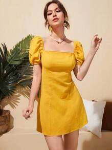 Soleia Square Neck Tie Backless Puff Sleeve Dress - Yellow - View 6