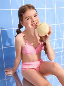 Tween Girl Plain Bikini Set Summer Beach - Pink - View 6