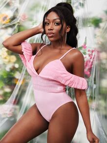 Slaydiva Cold Shoulder Ruffle Trim Shirred Bodysuit - Baby Pink - View 1