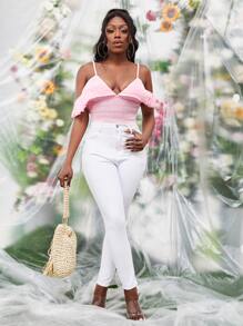 Slaydiva Cold Shoulder Ruffle Trim Shirred Bodysuit - Baby Pink - View 3