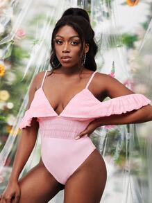 Slaydiva Cold Shoulder Ruffle Trim Shirred Bodysuit - Baby Pink - View 5