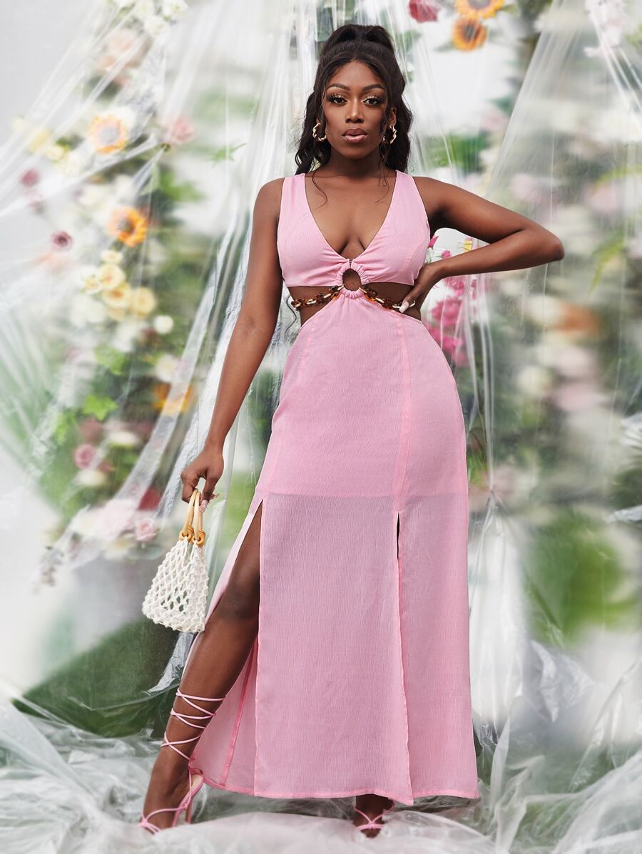 Slaydiva Deep V Neck Ring Cut Out Criss Cross Backless Split Hem Dress - Baby Pink - View 1