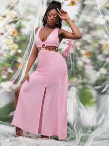 Slaydiva Deep V Neck Ring Cut Out Criss Cross Backless Split Hem Dress - Baby Pink - View 5