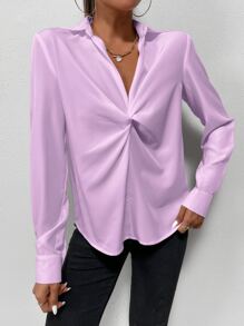 SHEIN Privé 素色前扭結襯衫 - 紫丁香色 - 查看 6