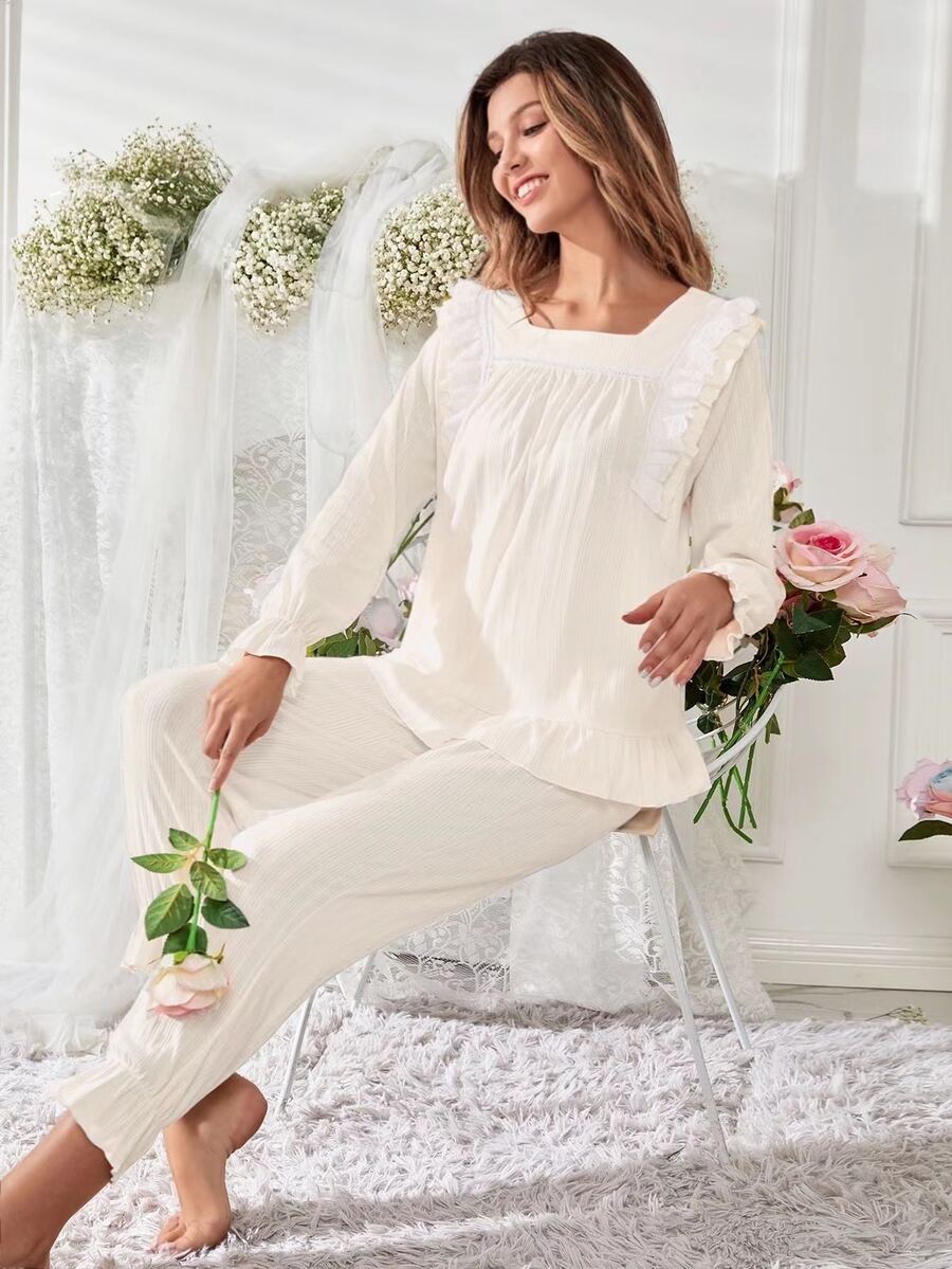 Solid Eyelet Embroidery PJ Set - Beige - View 1
