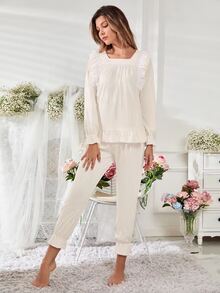 Solid Eyelet Embroidery PJ Set - Beige - View 3