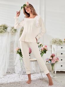 Solid Eyelet Embroidery PJ Set - Beige - View 4