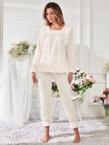 Solid Eyelet Embroidery PJ Set - Beige - View 5