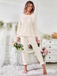 Solid Eyelet Embroidery PJ Set - Beige - View 6
