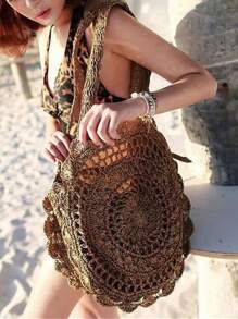 Tropiscape 极简主义扇贝边草编包，完美适用于夏季海滩旅行度假，大号手提包，最佳秋季灵感创意，营造度假氛围，放松身心，海滩，秋季，圣诞节，冬季，圣诞礼物 - 咖啡棕 - 查看 3