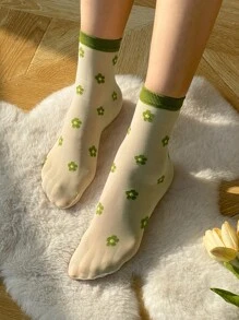 DAZY 花朵印花中筒襪 - 綠色 - 查看 1