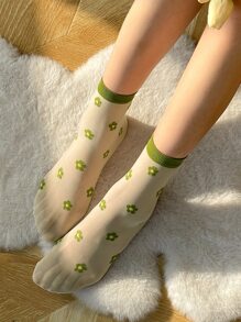 DAZY 花朵印花中筒襪 - 綠色 - 查看 5