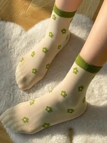 DAZY 花朵印花中筒襪 - 綠色 - 查看 6