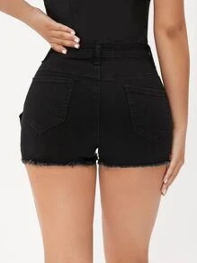SHEIN PETITE 搭扣腰帶毛邊牛仔短褲 - 黑色 - 查看 2