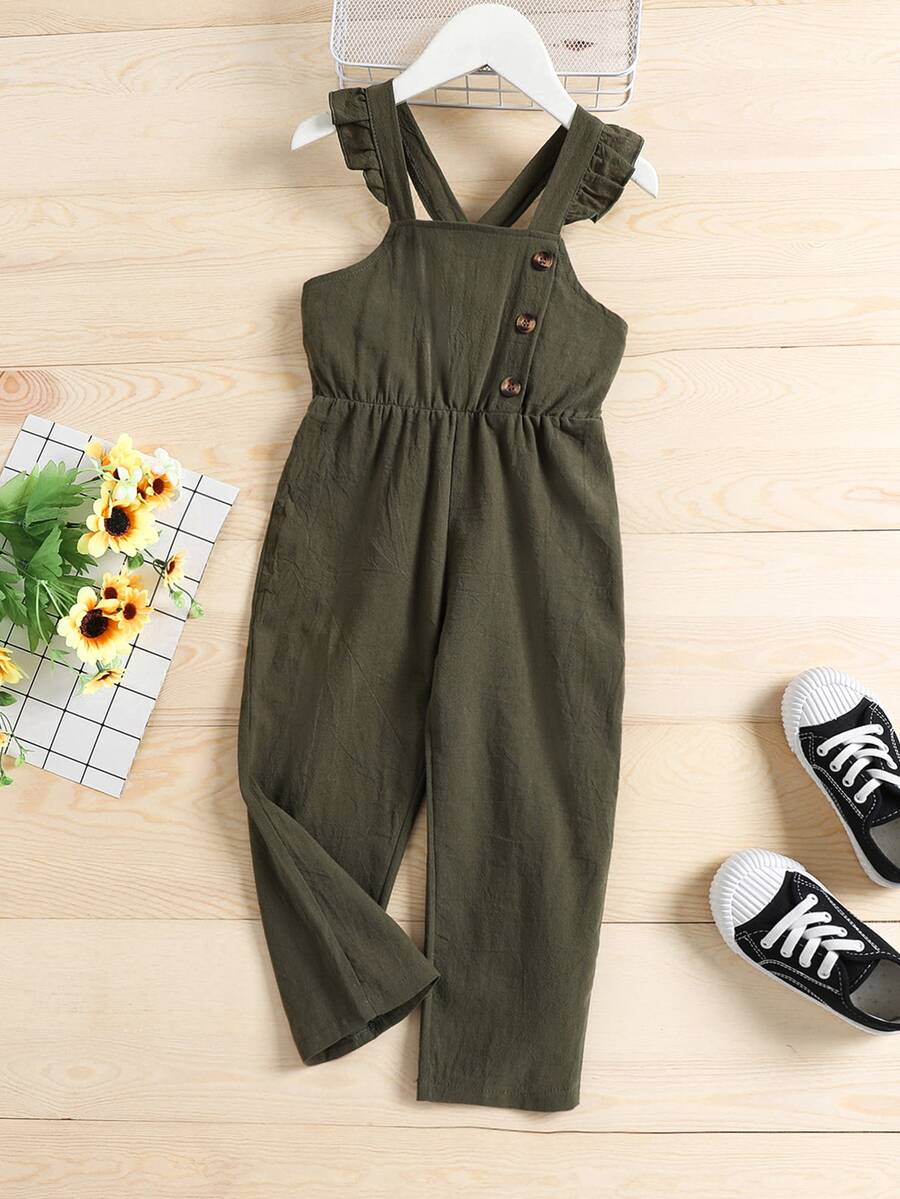 Jumpsuit bé gái Nút Xù màu trơn Dễ thương - xanh quân đội - Xem 1