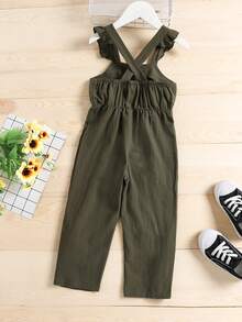 Jumpsuit bé gái Nút Xù màu trơn Dễ thương - xanh quân đội - Xem 2