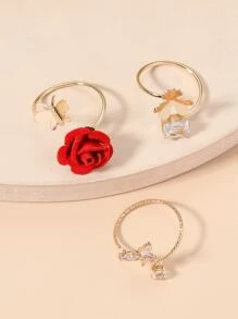 3入組/套時尚鋅合金方晶鋯石玫瑰和蝴蝶和幸運草戒指裝飾圓環適合女士日常裝飾
