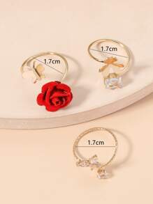 3入組/套時尚鋅合金方晶鋯石玫瑰和蝴蝶和幸運草戒指裝飾圓環適合女士日常裝飾