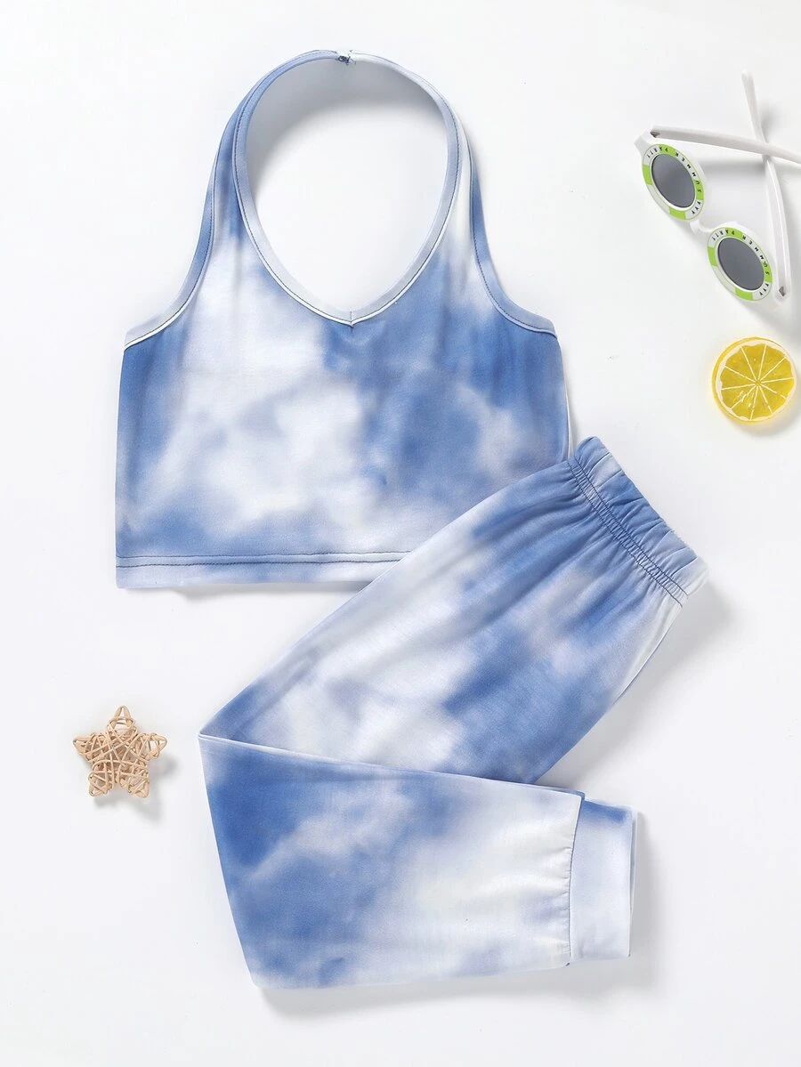 Bộ thời trang bé gái Cà vạt nhuộm Giải trí - Xanh và trắng - Xem 1