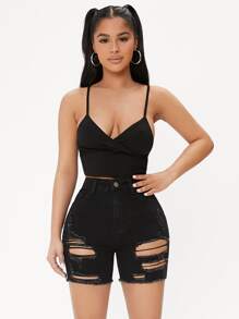 SHEIN PETITE Raw Hem Ripped Denim Shorts - Black - View 3