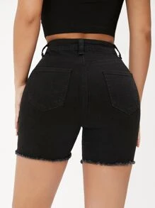 SHEIN PETITE Raw Hem Ripped Denim Shorts - Black - View 2