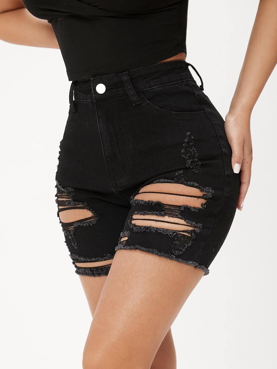 SHEIN PETITE Raw Hem Ripped Denim Shorts - Black - View 1