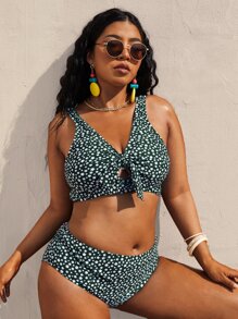 Plus Size Ditsy Floral Knot Front Bikini Set Summer Beach - Olive Green - View 4