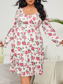 Plus Floral Print Flounce Sleeve Dress - Multicolor - View 1