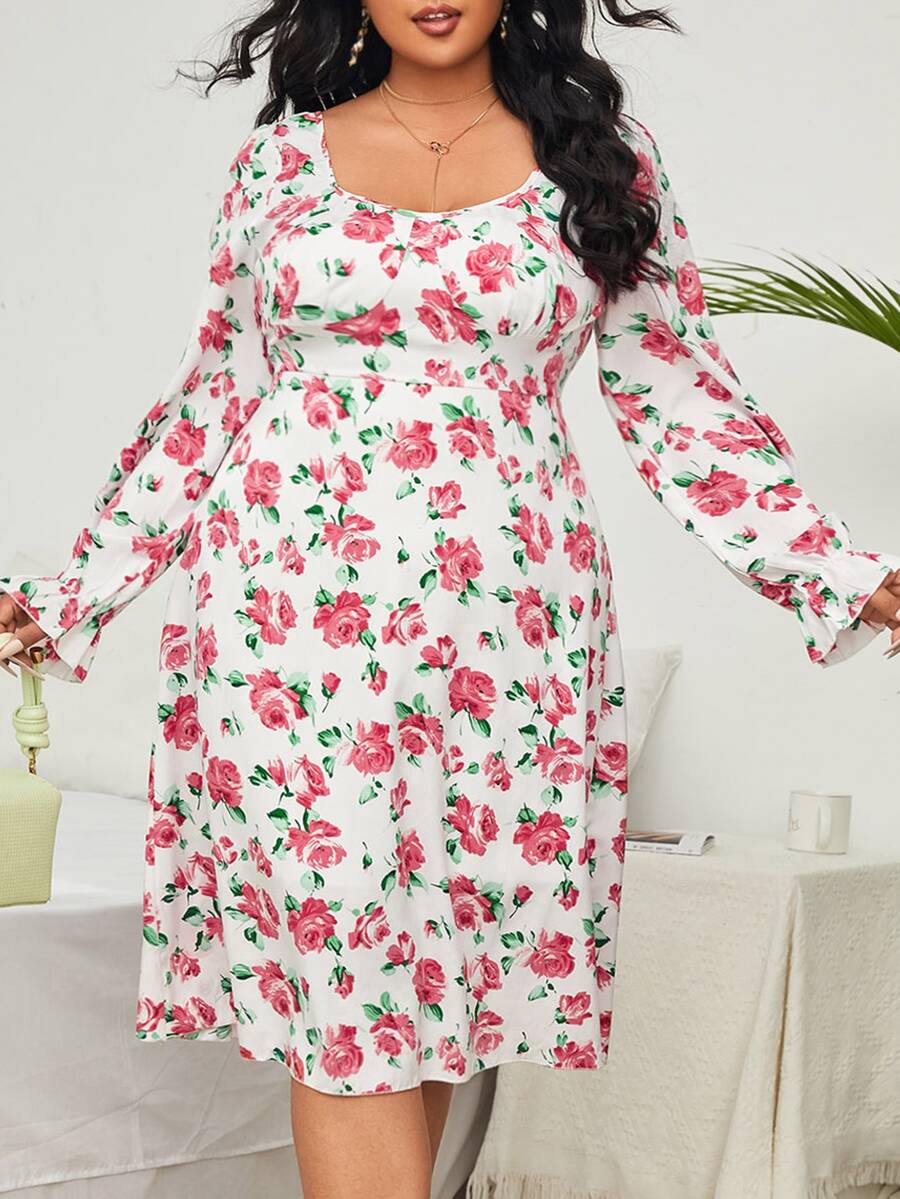 Plus Floral Print Flounce Sleeve Dress - Multicolor - View 1