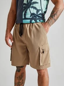 Manfinity 男士翻蓋口袋腰部抽繩工裝短褲 - 卡其色 - 查看 1