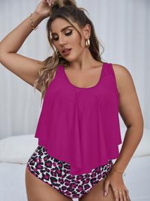 SHEIN Swim Curve Summer Beach Plus Leopard Print Tankini Set Double Adjustable Strap Flowy Top & High Waisted Bottom 2 Piece Bathing Suit - Red Violet - View 1